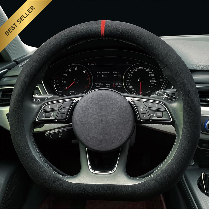 Car Suede Steering Wheel Cover Car Non-Slip Leather Car Interior Fitting 15-Inch