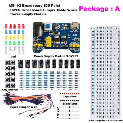 830 Tie Point Solderless Breadboard Kit MB-102 Power Supply Module Jumper Cable