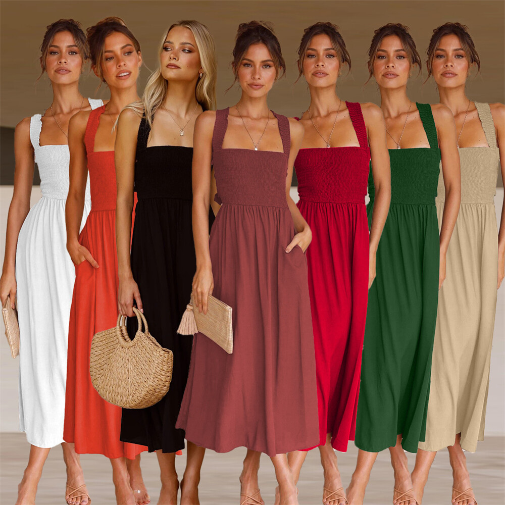 Women's Square Neck Halter Lace Up Criss Cross Maxi Dress