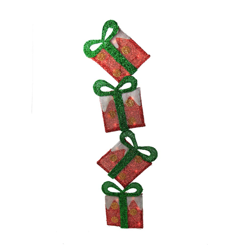 43" Lighted Red Polka Dot Tinsel Stacked Flat Gift Box Yard Christmas Decoration