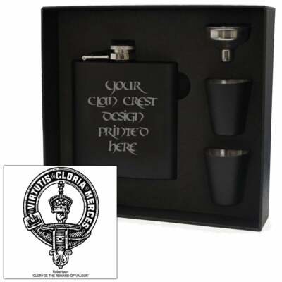 Art Pewter Robertson Clan Crest Black 6oz Hip Flask Box Set HF6 B S-C94 Scottish