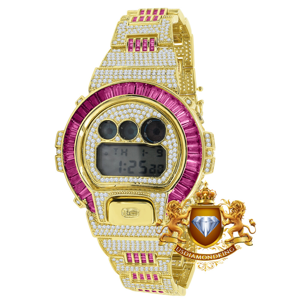 Pre-owned Usdiamondking Baguette Pink Tourmaline Gold Tone Casio Shock Authentic Dw-6900 Custom Watch