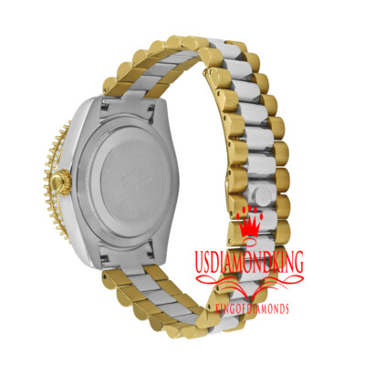 Pre-owned Bling Master 18k 2 Tone Gold Solid Steel Blue Dial Simulated Diamond Presidential Mens Watch