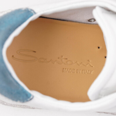 Pre-owned Santoni $710  White And Blue Vintage-look Leather Sneakers Us 6.5 Shoes