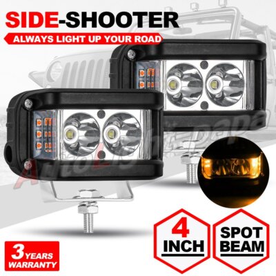 2PC 4'' LED Work Light Bar Cube Side Shooter Pod White & Amber Strobe Lamp SUV US