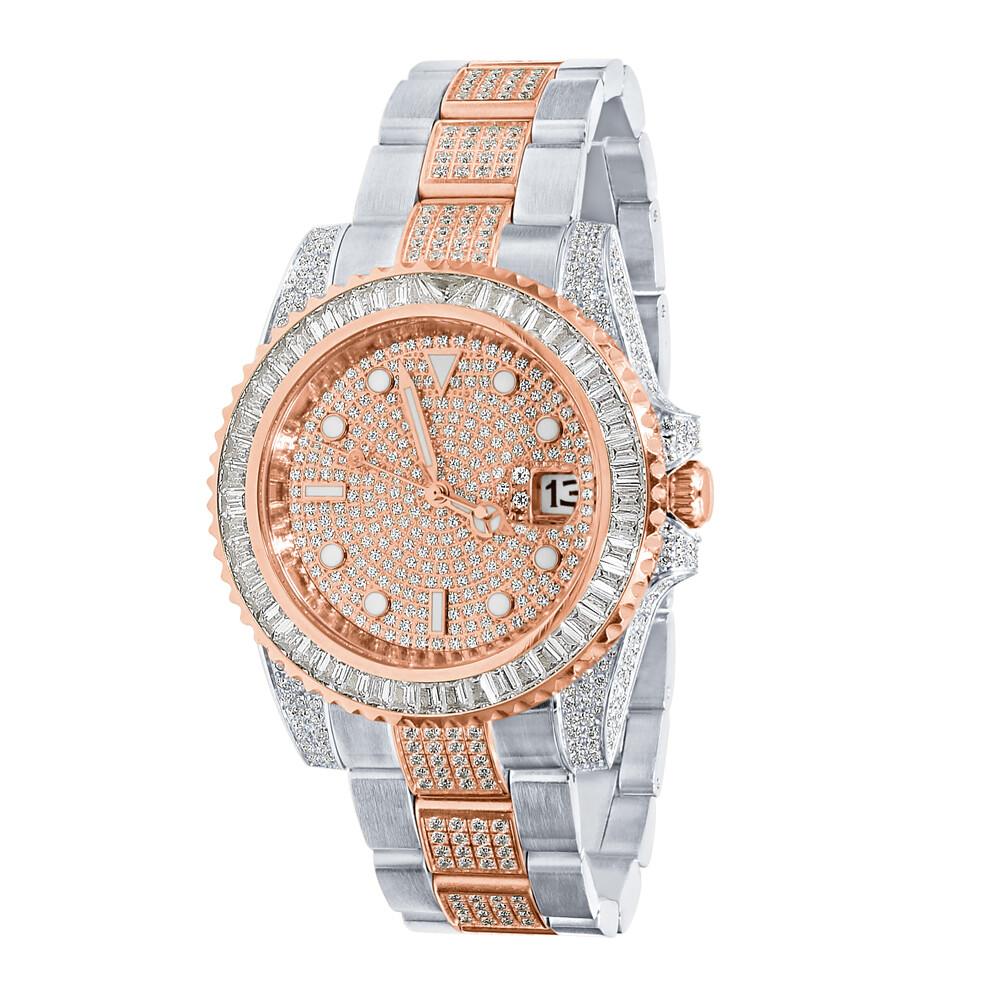 Pre-owned Bling Master 18k Solid Steel 2 Tone Rose Gold Baguette Simulated Diamond W/date 40mm Watch