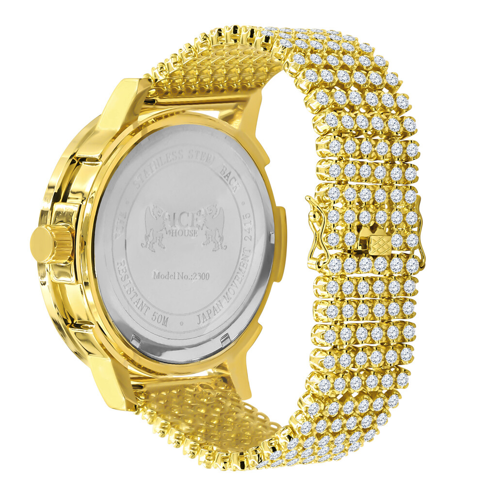 Pre-owned Ice House Roman Numeral Big Xl 55mm Rainbow Multi Tone Prong Set Custom Men's Custom Watch