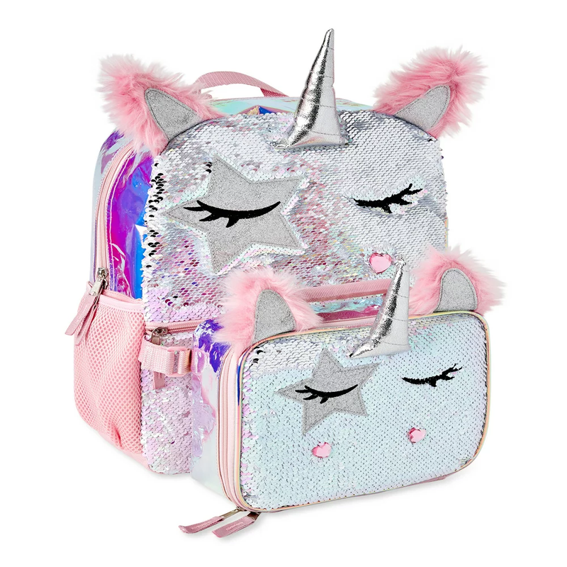 16" Unicorn Sequin Kids School Bag Backpack With Lunchbox For Girls 4-6 6-8 Set