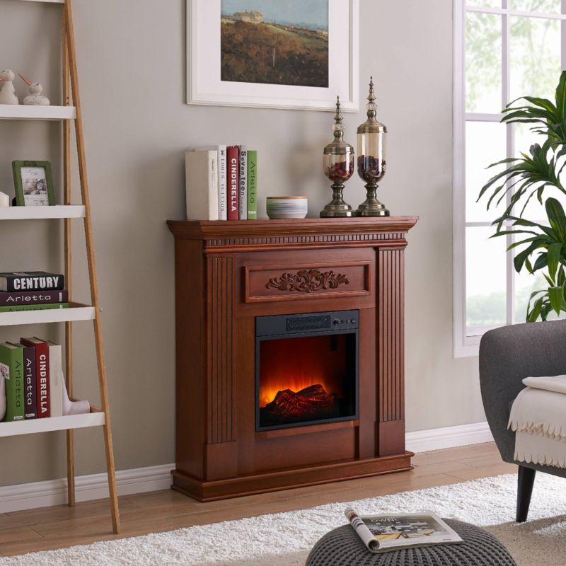 Space Heater Mantel Cherry Wood Finish W/ Remote 38 Inch Led