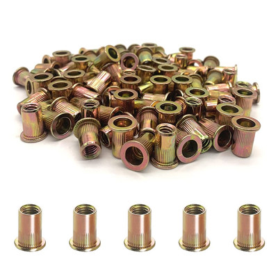 100PCS 1/4''-20 Rivet Nuts, Carbon Steel UNC Rivet Nut Set, Flat Head Threaded R