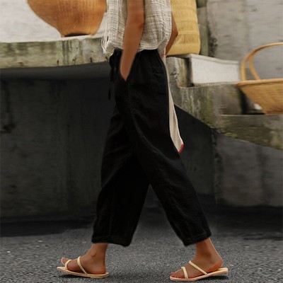 Womens Cotton Linen Loose Casual Harem Cropped Pants Drawstring Pocket Trousers
