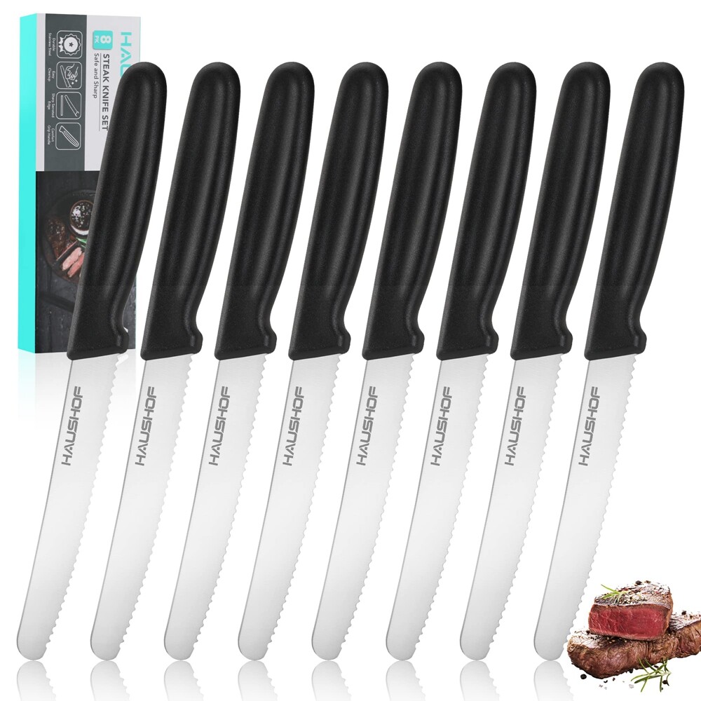 HAUSHOF 8PC Steak Knife Set Stainless Steel Serrated Steak Knives Set w/Gift Box