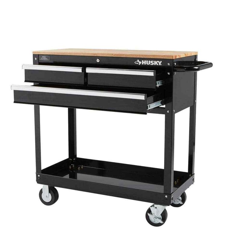 NEW HUSKY Black Rolling Tool Cart 36" 3-Drawer W/ Wood Top Push-Bar Side Handle
