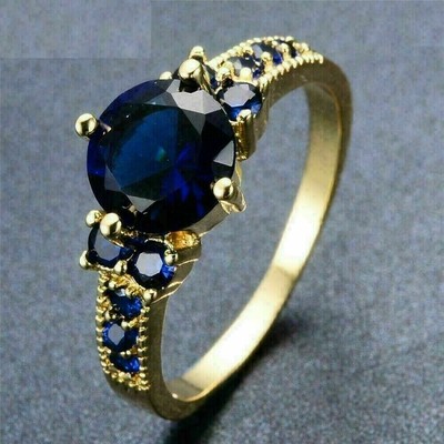 200Ct Round Cut Blue Sapphire Simulated Engagement Ring 14K Yellow Gold Finish