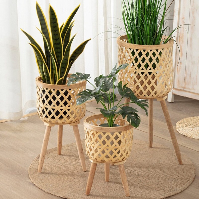 Woven Flower Pot Stand, Wood Planter for Home Indoor Plants,