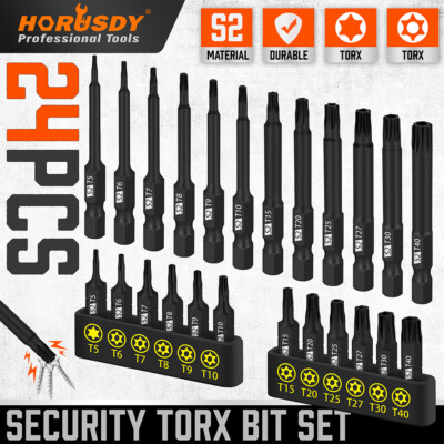 24Pcs Tamper Resistant Star Bit Set Security Torx Bits S2 1'' & 2.3'' Long T5- T40