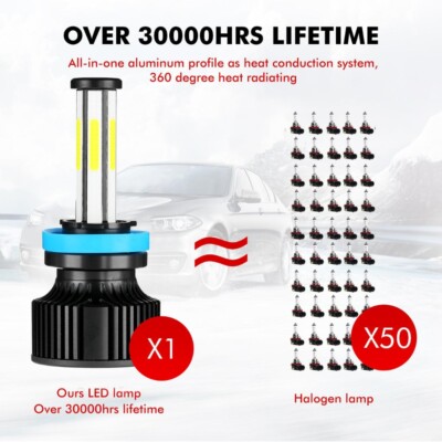 6-Sided H11 H9 H8 6500K LED Headlight Bulbs Kit Super Bright White High/Low Beam