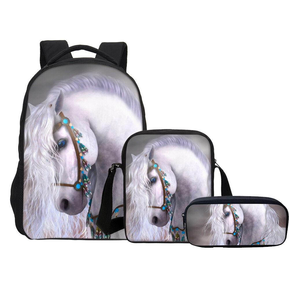 Horse Print Kids Backpack School Bag Set Boys Lunch Bag Pencil Case Lot Gift