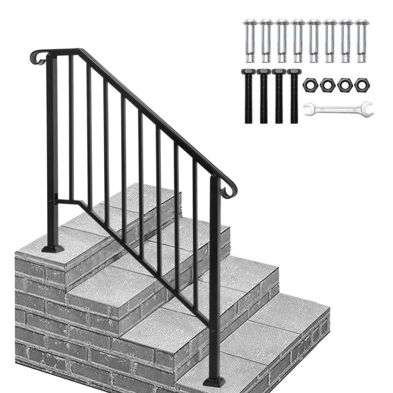 Wrought Iron Handrail Picket Stair Rail for 3 or 4 Step Handrail Outdoor Black