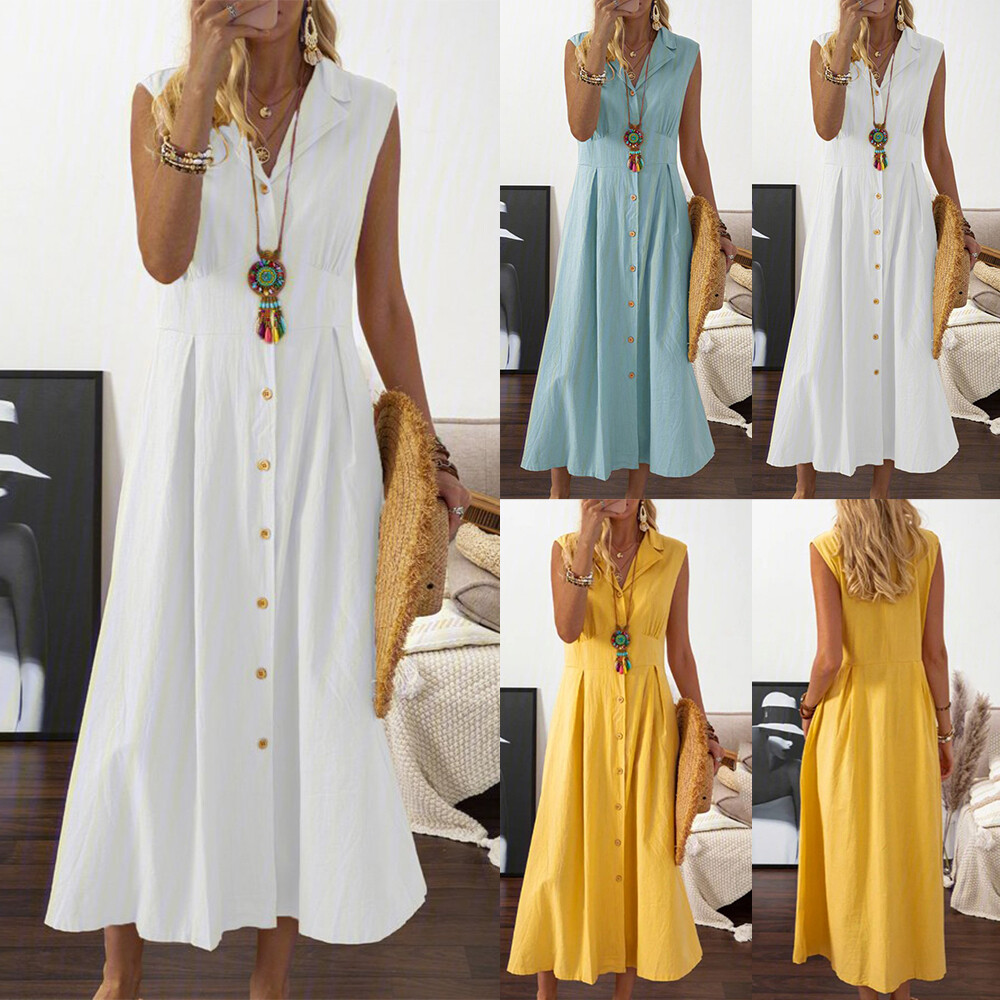 Women Cotton Linen V Neck Maxi Dress Ladies Summer Sleeveless Sundresses Dresses