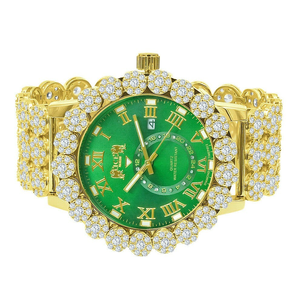 Pre-owned Icy Mens Emerald Green Real Diamond Roman Dial Flower Band Bezel Gold Tone Watch