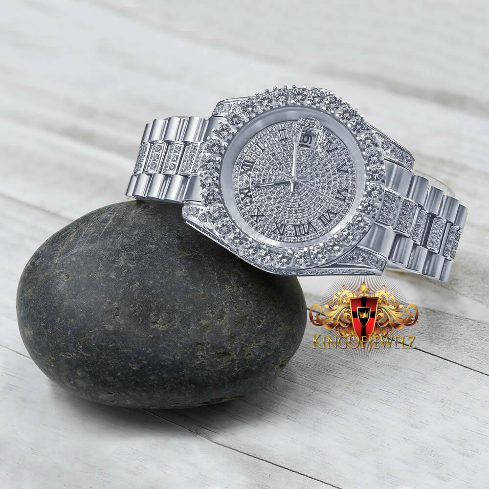 Pre-owned Blingmaster Men's White Gold Tone Stainless Steel Presidential Watch 41 Mm Simulated Diamond