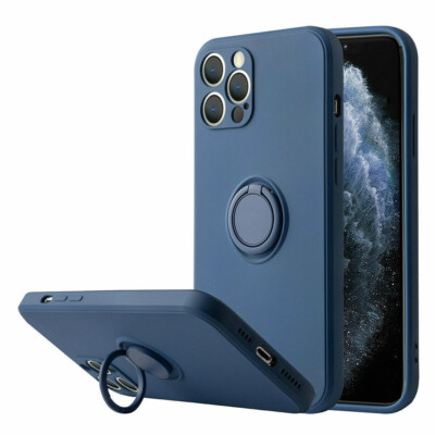 For iPhone Liquid Silicone Case With Finger Ring Holder Stand Shockproof Cover