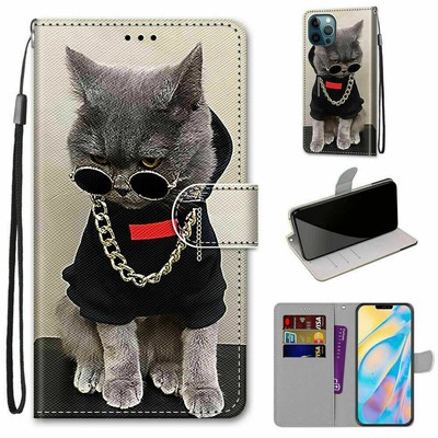 Glasses Cat Flip Wallet Phone Case For Huawei P10 P20 P30 Y6 P Smart Honor 20 9X