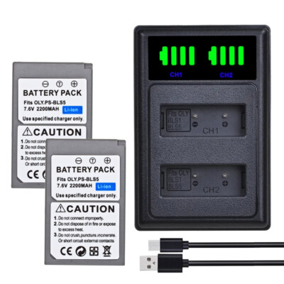 2x Battery +DUAL USB LCD Charger for Olympus BLS-5 BLS5 PS-BLS5 BLS-50 Camera