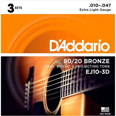 D'Addario EJ10-3D 80/20 Bronze Extra Light Acoustic Guitar Strings  3 Sets 10-47
