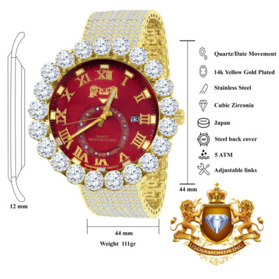 Pre-owned Ice House Real Diamond Roman Dial Gold Tone Red Face 10 Row Custom Band Bezel Watch 55mm