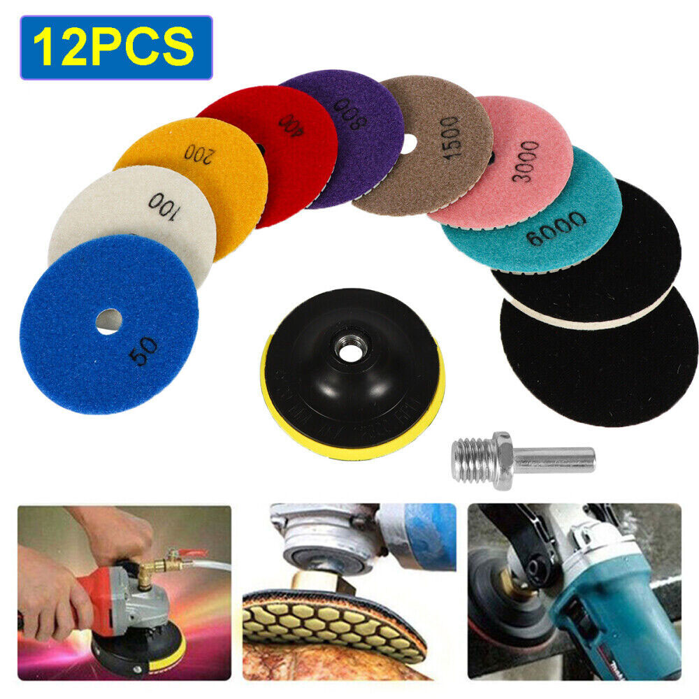 12PCS Diamond Polishing Pads Wet Dry 4 Inch Set Kit For Granite Concrete Marble