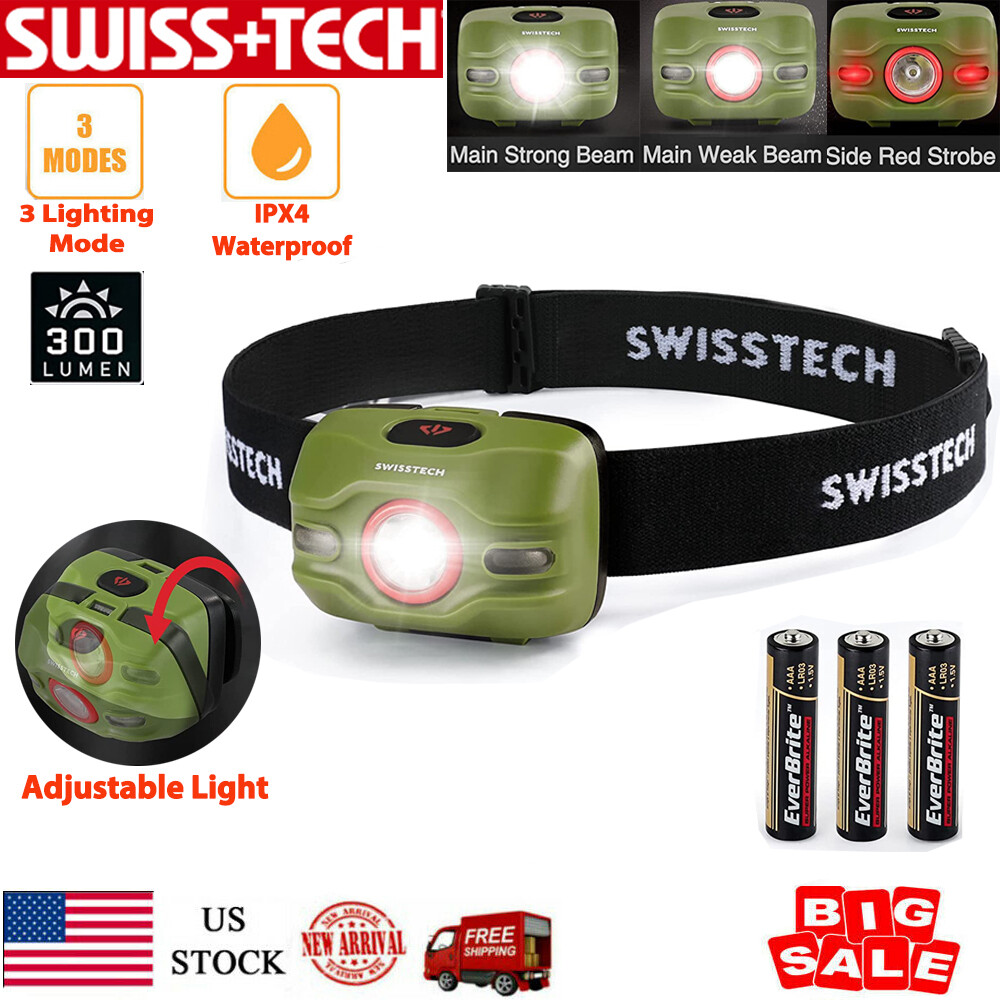 Swiss+Tech Headlamp Flashlight 300 Lumens LED Head Lamp Red Storbe Light 3 Modes