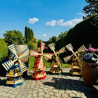 DARLUX Sechseck Doppelstock-Garten-Holz-Windmühle Natur/ Blau, Grün, Rot,Schwarz