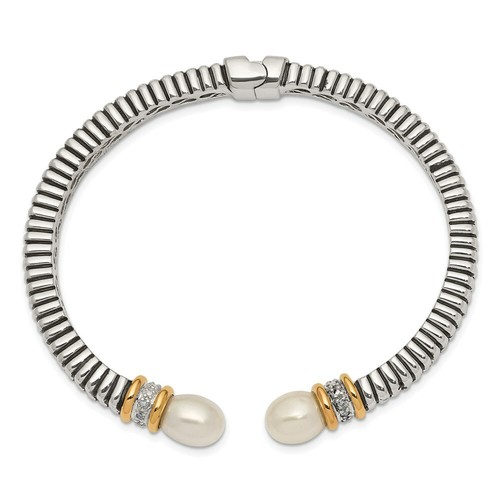 Pre-owned Goldia Sterling Silver W/14k Fw Cultured Pearl & Diamond Cuff Bracelet In White