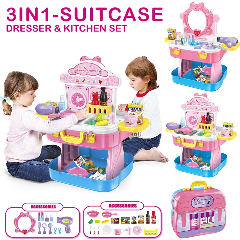 3 In 1 Kids Pretend Playset Dresser Kitchen Cookingtoy Suitcase