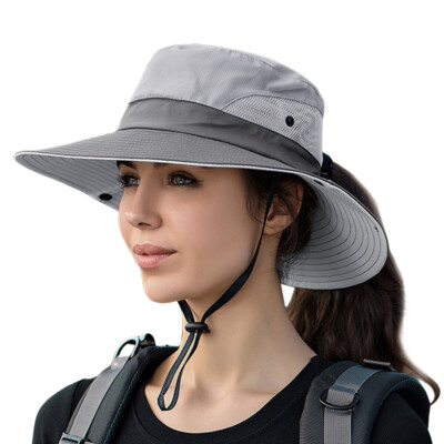 Women's Summer Bucket Hat Boonie Ponytail Wide Brim Sun Beach Cap UV Protection