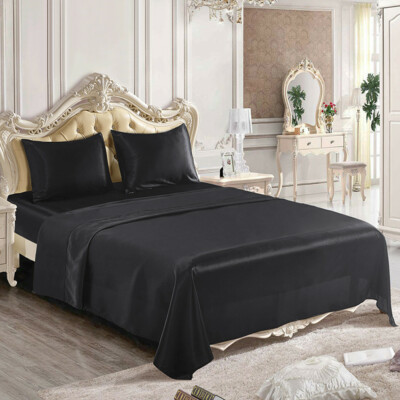 4 Pcs Smooth Satin Silk Sheet Set Deep Pocket Bed Sheet Wrinkle Fade Resistant