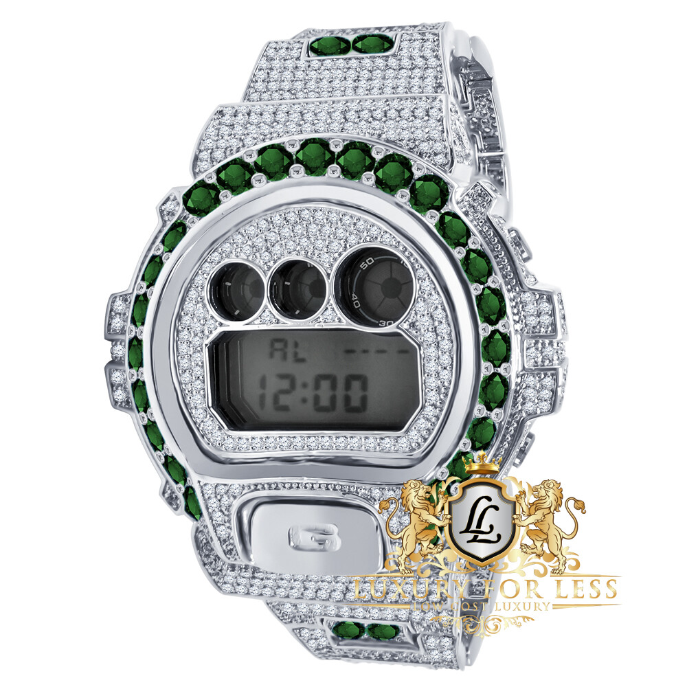 Pre-owned Casio Mens Solitaire Emerald Green White Gold Finish  G-shock Dw6900 Custom Watch