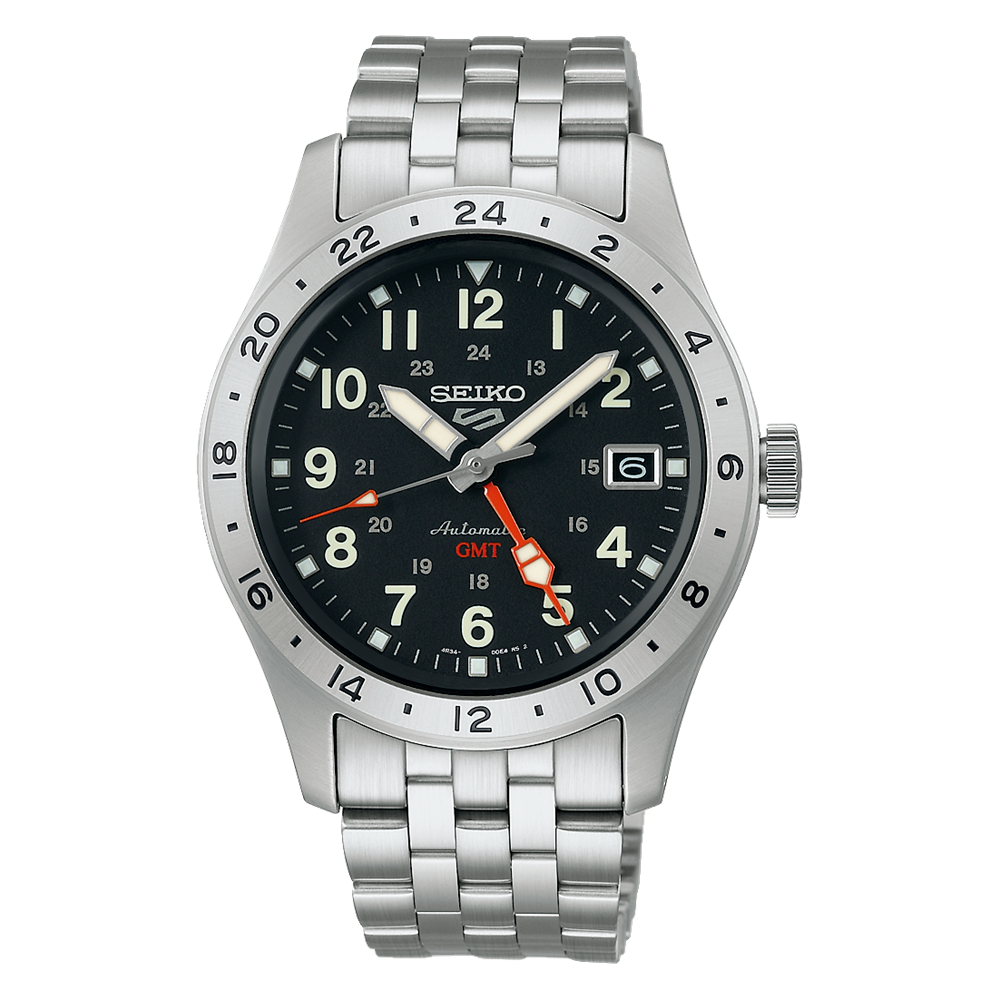Pre-owned Seiko Men's 5 Sports Automatic Gmt Black Dial Steel Bracelet Watch Ssk023