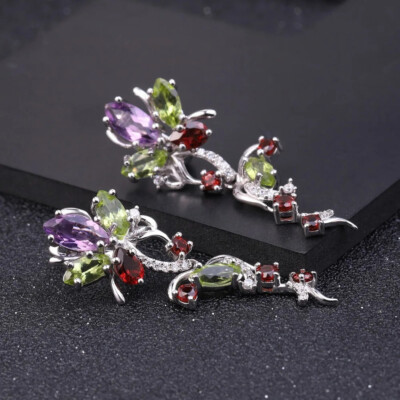Natural Peridot Amethyst Garnet Mix Gemstone 925 Sterling Silver Drop Earrings