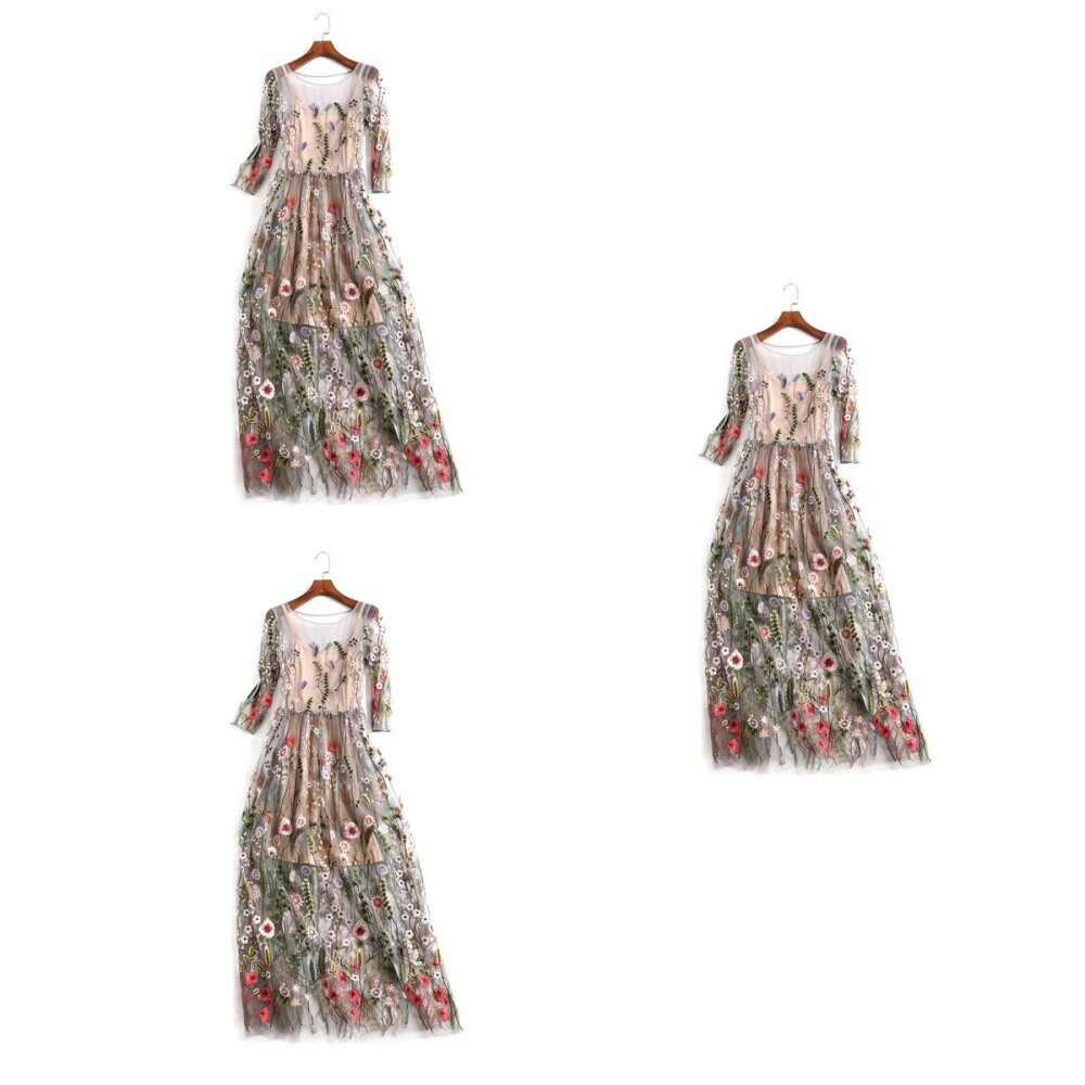 MARKENLOS FRAUEN LANGES BLUMEN-BESTICKTES KLEID HALBARM-TÜLLKLEID ELEGANTES, SCHMALES