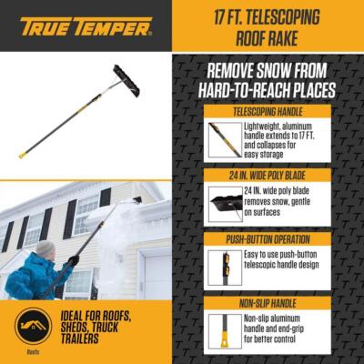 Roof Snow Removal Rake 86 in. Aluminum Handle 17 ft. Telescoping Non Slip Handle