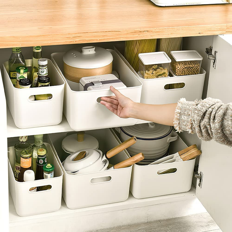 Plastic Storage Bins, Set of 6 Storage Boxes with 4 Lids, Storage Basket with Ha