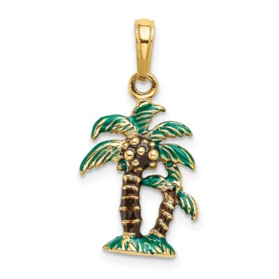 Pre-owned Superdealsforeverything Real 14kt Yellow Gold 3d Enameled Palm Trees Pendant