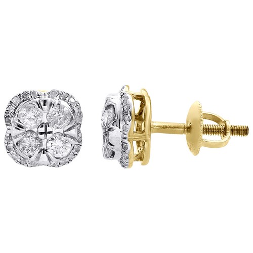 Pre-owned Jfl Diamonds & Timepieces 10k Yellow Gold Genuine Diamond Studs 8mm Square Cluster Halo Earring 0.59 Ct. In White
