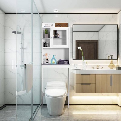 FORCLOVER Over-The-Toilet Storage 68''Hx23.22''W Wood+5 Shelve Space Saving White