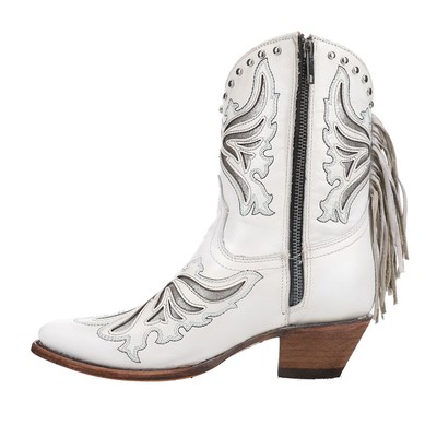 Pre-owned Corral Boots Fringe Inlay Pointed Fringe Toe Ankle Cowboy Booties Womens White C
