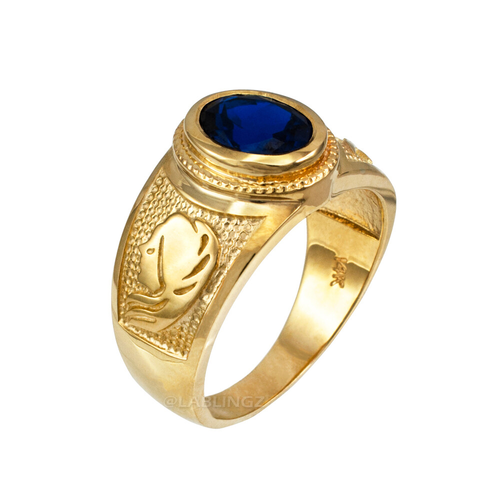 Pre-owned La Blingz 10k Gold Virgo Zodiac Sign September Birthstone Blue Cz Ring In Yellow Gold