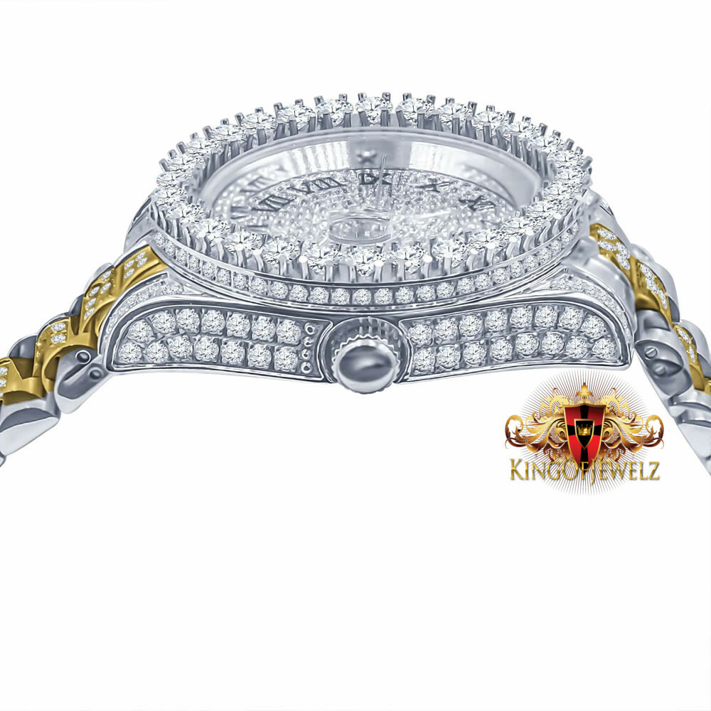 Pre-owned Blingmaster 2 Tone White Gold Tone Stainless Steel Presidential Watch 41mm Simulated Diamond